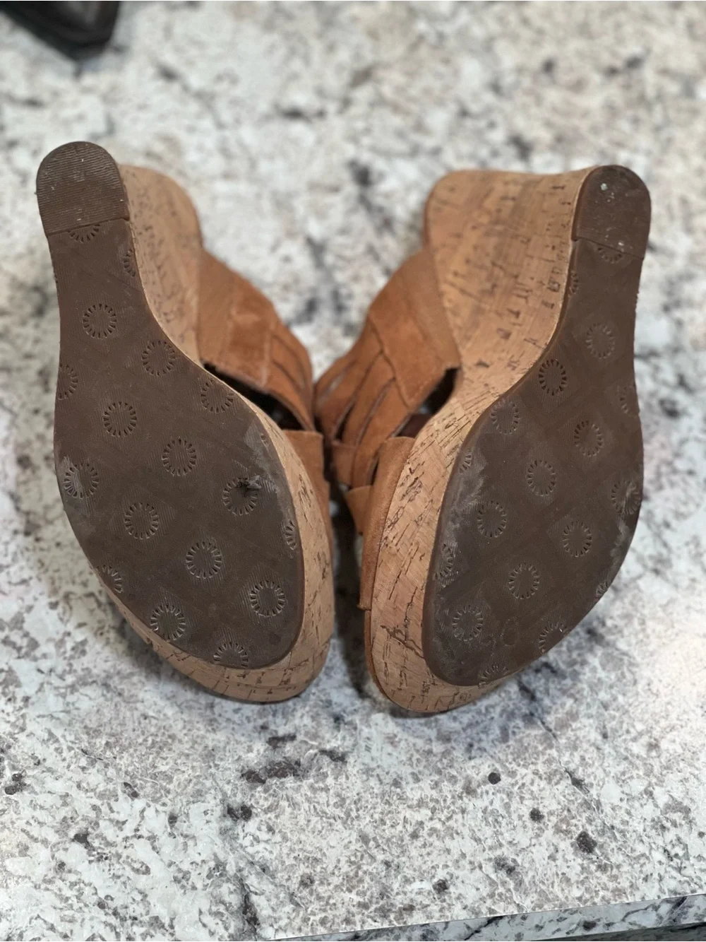 UGG Women’s Brown Suede Woven Cork Wedge Sandals